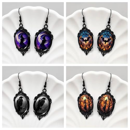 4 Pairs Gothic Mystery Witch Cameo Halloween Earring for Women Vintage Crystal Glass Witch Dangle Earring Punk Style Victorian Earring3