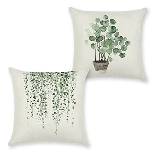 Kakabuqu Green Plants Throw Pillow Case Cushion Cover 18X18 Set Of 2 Linen Green Leaf Decorative Pillowcase Square Farmhouse Country Cushion Covers For Home Bedroom Office Sofa Car Couch Chair Decor #TOP17