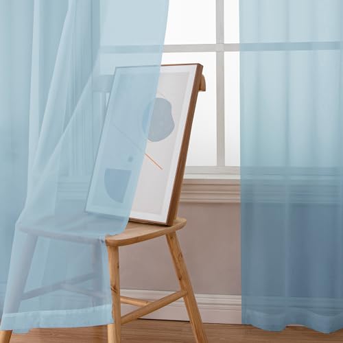 Image of Simplebrand Sky Blue Sheer Curtains 90 Inches Long 2 Panels, Light Filtering Rod Pocket Solid Color Window Sheer Curtain Panels, Elegant Curtains & Drapes for Living Room, Bedroom, 42 inch W x 90 inch L