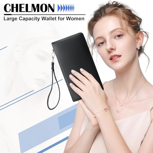 Image of Chelmon Women's Vegan Leather Clutch Wallet with Zip, Hand Strap, Large Capacity, Napa Black, Wristlet