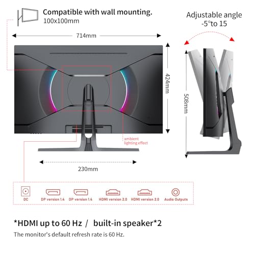 Image of PIJ 32 Inch Curved Monitor 4K 60Hz, UHD PC Monitor Built-in Speakers, Computer Screen for Home Office Business, DP, HDMI, Compatible with Wall mounting 100 * 100MM - Black