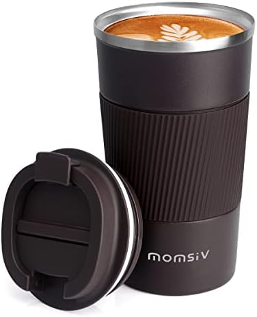 MOMSIV Coffee Cup, Insulated Coffee Cup with Leakproof Lid, Non-Slip Vacuum Reusable Stainless Steel Eco-Friendly Travel Office Mug for Hot and Cold Water Coffee and Tea, 380ml/13oz(Brown)