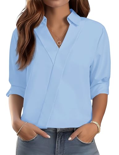 Image of LOMON 3 /4 Length Sleeve Womens Tops Dressy V Neck Collared Shirts Trendy Business Casual Work Blouses Vacation Outfits 2026