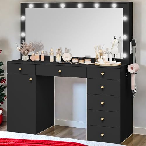 YITAHOME-56-Makeup-Vanity-with-Mirror-and-Lights-Large-Vanity-Desk-Mirror-with-12-LED-Hollywood-Lights-7-Drawers-Cabinet-Power-Outlet-3-Light-Modes-Dressing-Table-for-Bedroom-Dark-Black YITAHOME 56 Makeup Vanity with Mirror and Lights Large Vanity Desk Mirror with 12 LED Hollywood Lights 7 Drawers Cabinet Power Outlet 3 Light Modes Dressing Table for Bedroom Dark Black