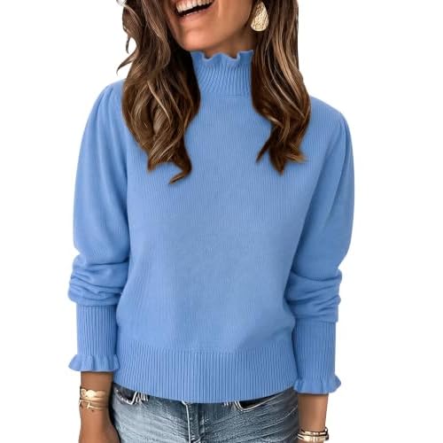Rapbin Fall Sweaters for Women Ruffle Mock Neck Puff Sleeve Pullover Tops