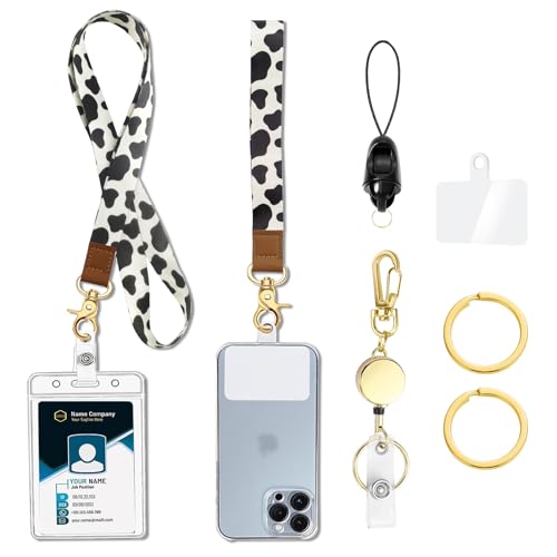 bolimoss Cow Print Lanyards for Badge Holders Keys Phone Cruise Ship Cards,Necklace & Wrist Lanyard with Metal Carabiner Retractable Reel, 2 Keychains, Waterproof Clear ID Card Holder, Phone Tether