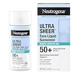 Neutrogena Ultra Sheer Face Liquid Mineral Sunscreen, Lightweight, Broad Spectrum SPF 50+ Facial Sunscreen for Sensitive Skin Leaves a Silky, Non-Greasy Finish, Oxybenzone-Free, 40 mL
