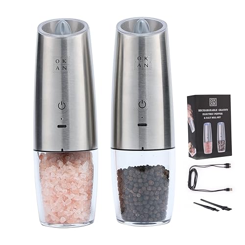 Electric Salt and Pepper Grinder Set – Gravity Tilt-to-Grind, USB-C Rechargeable, Adjustable Ceramic Burr, LED Light, One-Hand Operation – OKAN 591 (100ml)