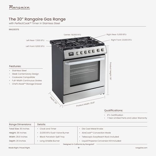 Rangaire RRG303TS 30" Gas Range Oven with Timer - Stainless Steel, Sealed Burners, Convection Fan, Easy Reach Racks - Thumbnail 7