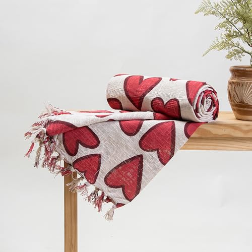 Image of Handmade Cotton Heart Print Hand Block Sofa Throw Blanket for Couch and Car 50x70 Inches - Best for Gifting Propose (Multi-Color 09)