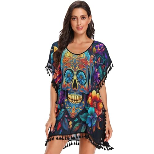 KAAVIYO Colorful Skulls Blue Leaves Women's Beach Cover Up Chiffon Tassel Swimwear Swimsuit Coverups for Girl