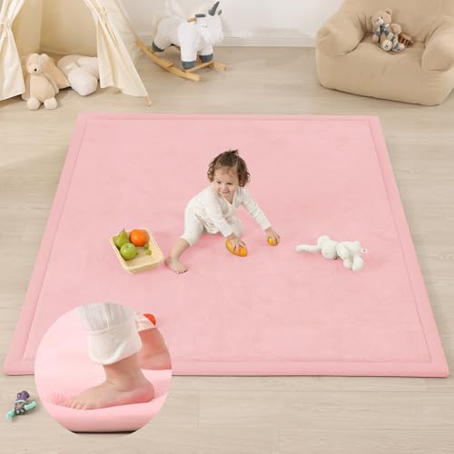 Image of 1.3 inch Thick Foam Baby Play Mat Extra Large 79x158, Basic Padded Plush Tummy Time Crawling Mat, Non-Slip Support Area Rug for Playroom Nursey Living Room (Pink)