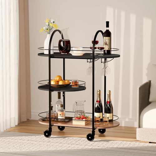DAWNYIELD Carrito de Bar Móvil Ovalado 3 Niveles, Carrito de Bebidas con Ruedas Bloqueables y Portavasos, Carrito de Servicio con Ruedas para Cocina Salón Fiestas Home Bar, Negro