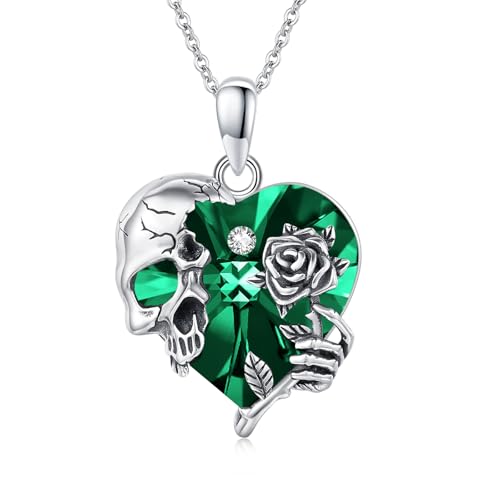 Image of S925 Sterling Silver Skull Pendant Necklace Heart Crystal Birthstone Skull Necklace Gothic Jewlery Gifts