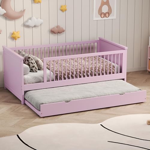 BEDGJH Twin Size Bed Frame, Wood Twin Size Platform Bed with Guardrail and Trundle for Bedroom Living Room Kids Adults, No Box Spring Needed (Pink)