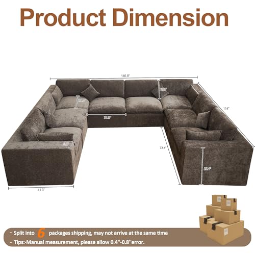 Image of 146''Cloud Boneless Sectional Couch, Modular Sectional Sofa Deep Seat, Oversized Upholstered Convertible Comfy 8 Seater Chenille Memory Foam Sofa U Shape Couches for Living Room, Brown
