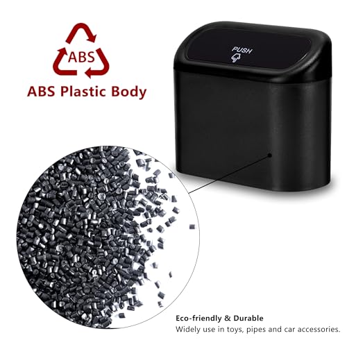 Image of Ginsco 2 Pack Mini Car Trash Can with Lid, Small Car Trash Bin, Car Accessories for Interior, Leakproof ABS Car Garbage Bin for Car, Home, Office with Additional 2 Hooks and 90pcs Trash Bags Black