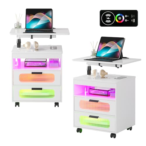 HNEBC Nightstand with Wireless Charging Station, LED Nightstand Has Adjustable Rotary Workstation, Smart Night Stand with 2 Drawers,Modern Bedside Table for Bedroom, Sensor Light/Wheel (Grey