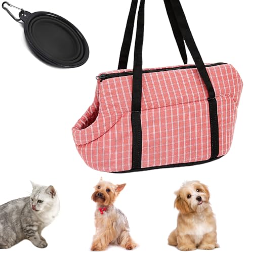 Transportín para perros pequeños, bolsa de transporte para cachorros de viaje, para perros, gatos, Chihuahua, Yorkie, cachorro para senderismo, camping, 1 cuenco plegable (rosa)