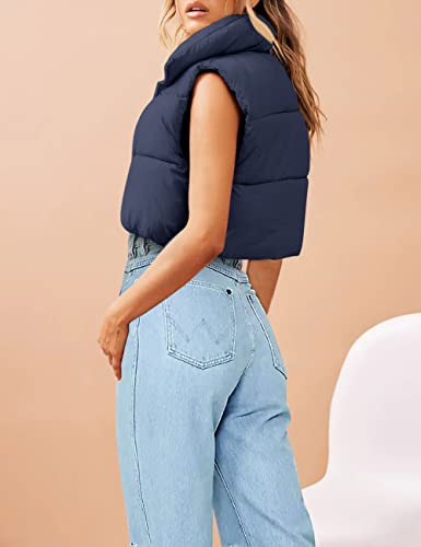 Merokeety Women's Zipper Stand Collar Cropped Puffer Vest Solid Color Padded Gilet Outerwear,Navy,M #TOP2