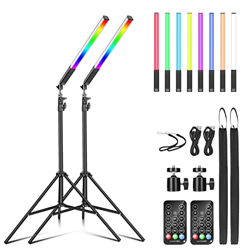 2 Pack RGB LED Video Light Wand Stick, LUXCEO Photography Studio Lighting Kits with 29' to 81' Tripod & Remote Control, Dimmable Photography Light Wand 36 Colors 3000K-6000K