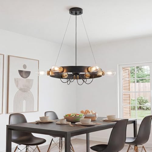Image of 6-Light Wagon Wheel Chandelier, Black Gold Farmhouse Pendant Light | 21.4 Inch Industrial Pendant Light for Kitchen Island, Adjustable Hanging Height, Rust-Proof, ETL Certified, E26 Sockets