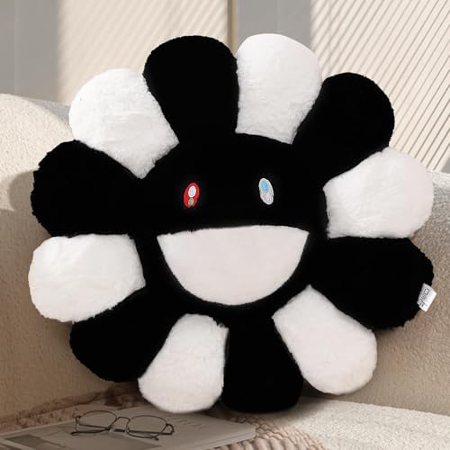 SHINUOER Flower Pillow,Flower Shaped Throw Pillow,Smiley Face Floor Cushions,Cute Sunflower Plush Pillows, Black and White Decorative Pillows for Bed,Couch,Sofa,Car (Black and White,15.7In)