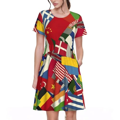 Women's Short Sleeve Dress Different Countries National Flags Summer Sundress Casual Midi Dress