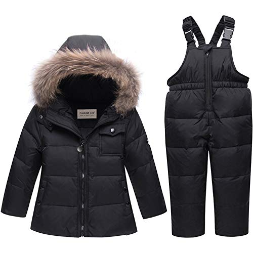 Preisvergleich Produktbild SANMIO Baby Mädchen Jungen Daunenjacke Schneeanzug mit Kaputze Bekleidungsset Kleinkind Verdickte Winterjacke + Winterhose Daunenhose Kinderskianzug (Schwarz, Etikett 120(Körpergröße 106-115))