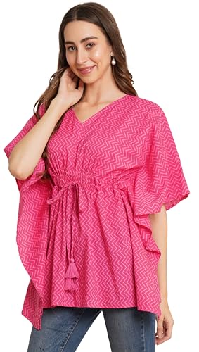 Image of COTLAND Fashions Jaipuri Cotton Kimono Sleeves Printed Longline Kaftan Top for Women