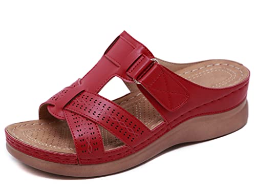 SMajong Sandalias de Punta Descubierta Mujer Mules Plataforma Moda Sandalia de Cuña Cómodos Zapatillas Sandalias de Vestir, A Rojo, 38 EU