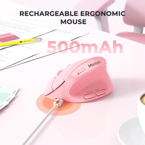 Image of MEETION Pink Wireless Ergonomic Mouse, Bluetooth Vertical Rechargeable Mice, 4 Adjustable DPI 800-2400, Bluetooth 5.2+5.2+USB Mouse for Windows /Mac, for Laptop /PC /Desktop /Computer /iPad