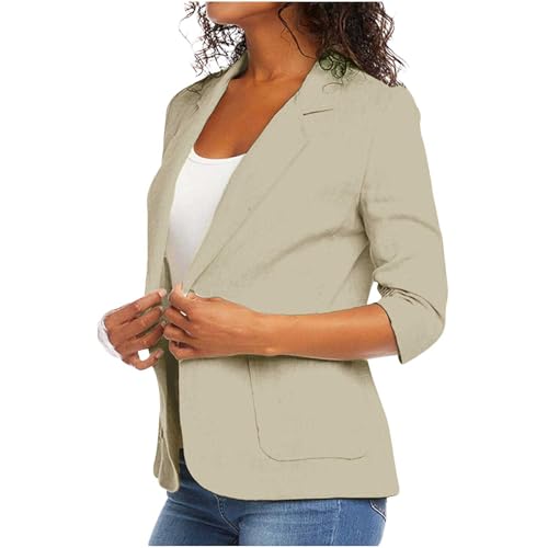 Linen Blazer for Women Lightweight Stretchy Ruched Long Sleeve Fully-Lined Cotton Casual Work Jacket with Pockets3