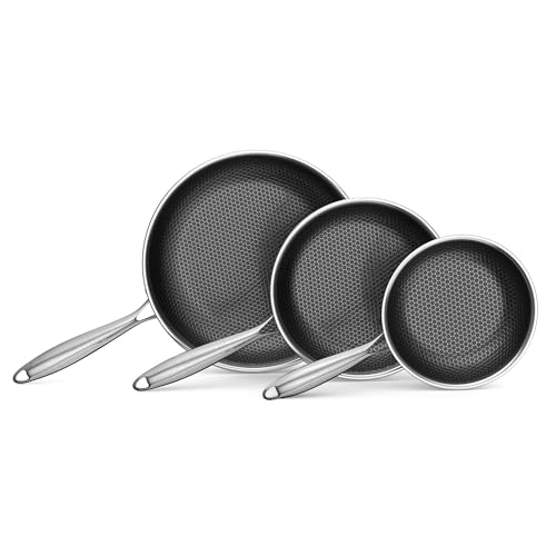 Bielmeier 8, 10, 12 Inch Nonstick Frying Pan,3-Piece Set Stainless Steel Flat Bottom Frying Pan for Gas, Electric & Induction Cooktops, Dishwasher S