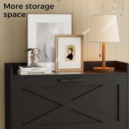 Image of Homleke Farmhouse Shoe Storage Cabinet with Flip Drawers & Barn Door Design | Slim Narrow Shoe Rack Cabinet with Adjustable Shelves & Hidden Storage for Entryway, Foyer, Hallway, Living Room, Black