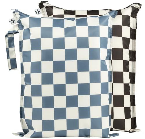 Image of Tiny Twinkle Mess-proof Wet Bags 2 Pack Waterproof and Washable Bag for Travel storage, Stroller, Daycare, Baby Diapers, Yoga, Beach, Pool, Wet Toddler Swimsuits (Blue, Black Checkers)