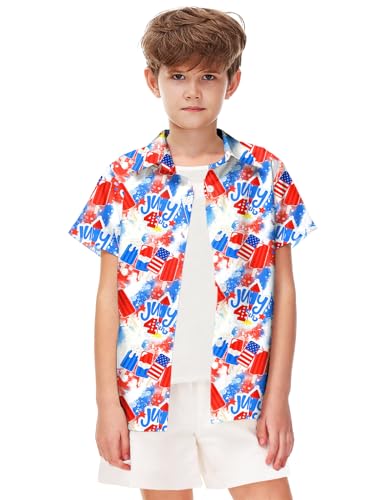 Image of Remimi Unisex Kids 4th of July Button Up Shirt Boys American Flag Print Hawaiian Beach Short Sleeve Tops 5-14 Years