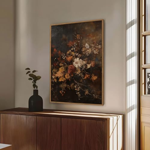 Image of KISSFOX Vintage Framed Wall Art Decor Rustic Floral Pictures Wall Decor Dark Botanical Canvas Art Prints Moody Flowers Paintings Artwork For Bedroom Living Room
