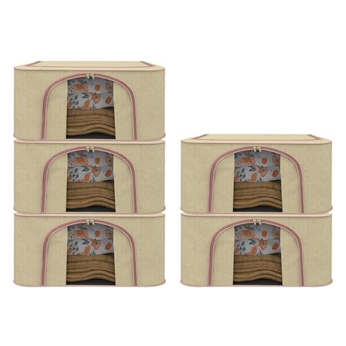 Image of Kuber Industries Pack of 5 Foldable 66 Liter Cloth Organizer for Storage with Steel Frames, Zip & Handles | See Through Saree Organiser for Wardrobe & Seasonal Home Items | LJ-1-BG | Beige
