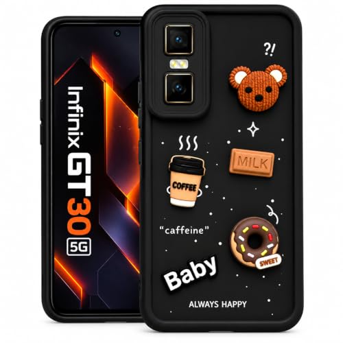 Image of Bintage Back Cover Compatible for Infinix GT 30 5G+ | Cute 3D Taddy Ball Bear Milk Cake Coffee Silicon Case Full Body & Camera Protection - Black