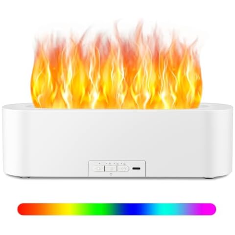 Timeable Flame Air Humidifier, Upgrade 7 Color Flame Fire Lights Essential Oil Diffuser Waterless Auto Off 150ml Aromatherapy Diffuser for Yoga, Large Room, Bedroom, Office (White) Cover