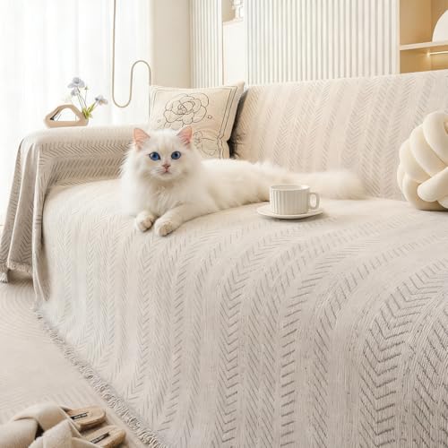 Kabisoriソファー -カバー 北欧風のおしゃれなヘリンボーン調フリンジ付き多機能カバー アーム付き・アームなし両用 リビングで使える ソファーカバー 防水防塵・耐傷 猫爪とぎ防止マルチカバー かけるだけズレなライトグレー180*230cm 2人掛け