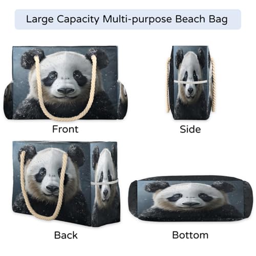 Giant Panda Black And White Cute Women's Large Beach Bag Waterproof and Sand-proof Canvas Tote Lightweight Shoulder Bag Suitable for Pool Beach Travel Holiday Gym Yoga Care4