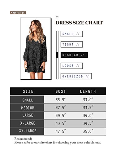 Amoretu Women's V-Neck Lantern Sleeve Casual Tunic Dress Knee Length Dot Black M