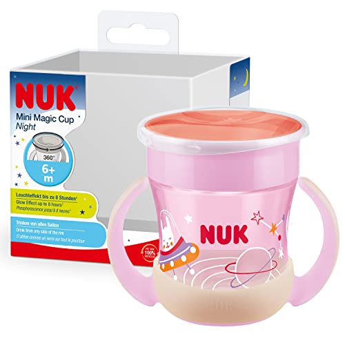 NUK Mini Magic Cup Night taza para sorber | +6 meses | 160 ml | Borde a prueba de derrames de 360° para beber desde cualquier lado | Brilla en la oscuridad | Sin BPA | Conejito (rosa)