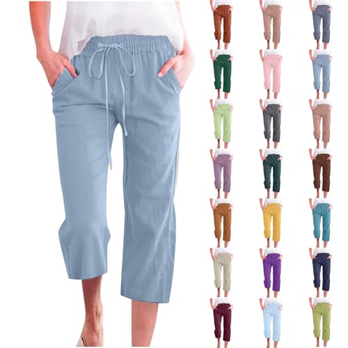 Capri Pants for Women Knee Length Summer High Waisted Straight Leg Linen Pants Loose Fit Casual Vacation Outfits w/Pockets
