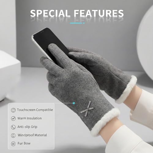 Image of Kraptick Women's Winter Woolen Gloves-Premium Thermal Fleece Lined Touchscreen Hand Warmer Gloves for Cold Weather, Cycling & Driving Soft Fur Cable Knit Elastic Mittens (Free Size, butterfly)(Gray)-8