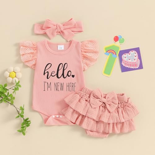 Mubineo Baby Girl Summer Clothes Hello Im New Here Outfits Newborn Romper Ruffle Skirt Shorts Coming Home Outfit3
