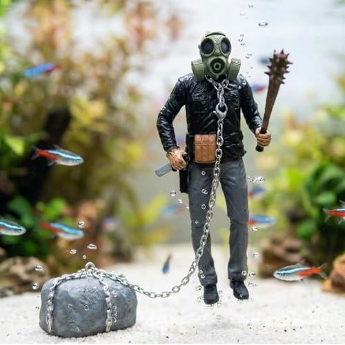 Floating Fish Tank Decoration- Chained Killer of The Deep, Survival Horror Action Figure with Detachable Gas Mask & Weapons - Resin Sinking Ornament with Stone Anchor, Cool DIY Aquarium Decoration