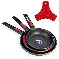 Sartenes Infinity Lote de 3 Sartenes BRA Infinity en Teflón Profile Antiadherente, Mango Desmontable y Full Induction (20-24-28 cm) + Protector Multiusos en Silicona BRA Safe